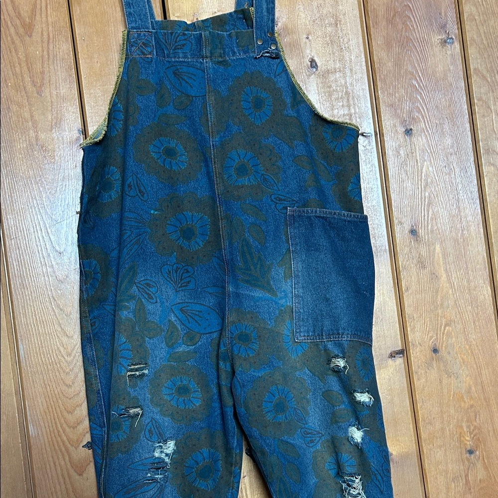 Floral Print Denim Overalls Jumpsuit - Blue
